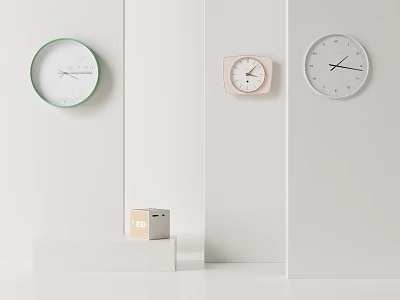 Modern Wall Clocks In Various Colors Hanging On White Interior Walls 3d model