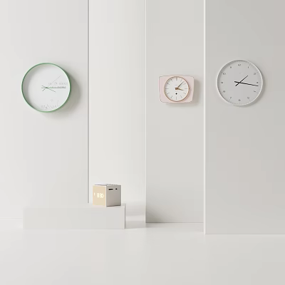 Modern Wall Clocks In Various Colors Hanging On White Interior Walls 3d model