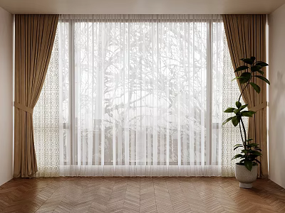 White Sheer Curtains And Beige Drapes By Window With Potted Plant And Wooden Floor 3d model