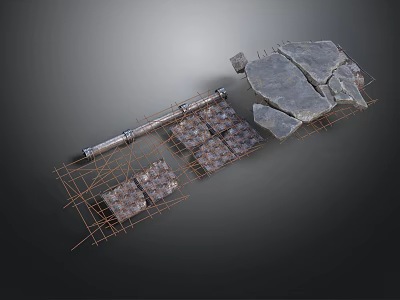 3D Scene Components With Stone Slabs Metal Pipes And Grid Structures 3d model