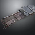 3D Scene Components With Stone Slabs Metal Pipes And Grid Structures