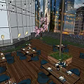 Elegant Outdoor Restaurant Dining Space With Wooden Deck String Lights And Green Hedge Wall