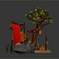 Ancient Wooden Cart with Red Canopy Tree and Decorative Elements on Stone Platform