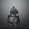 Futuristic White And Orange Spacesuit Character With Backpack Antenna And Handheld Tools