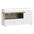 Modern White Sideboard Cabinet With Open Wooden Shelf And Glossy Finish