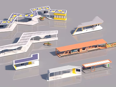 Modern Architectural Models With Various Shapes Colorful Exteriors And Unique Roof Structures 3d model