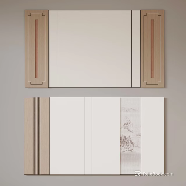 Chinese Style Decorative Panels Screen With Wooden Frame Mirror And Landscape Painting Design 3d model 