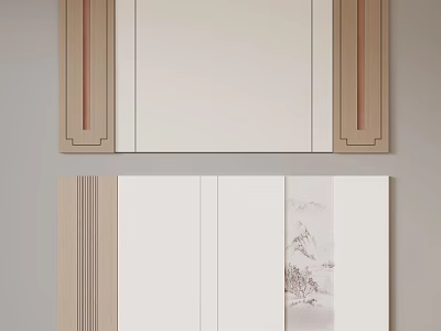 Chinese Style Decorative Panels Screen With Wooden Frame Mirror And Landscape Painting Design 3d model