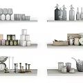 Assorted Kitchen Utensils Displayed On Shelves With Glasses Bottles Jars And Tools 3d model