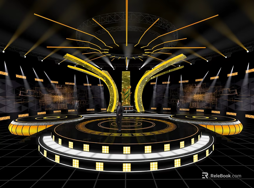 Opulent Stage Design Featuring Circular Platform Black Gold Elements And Dynamic Lighting 3d model 
