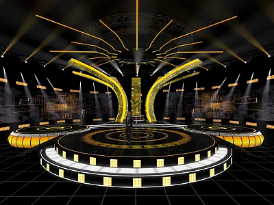 Opulent Stage Design Featuring Circular Platform Black Gold Elements And Dynamic Lighting 3d model