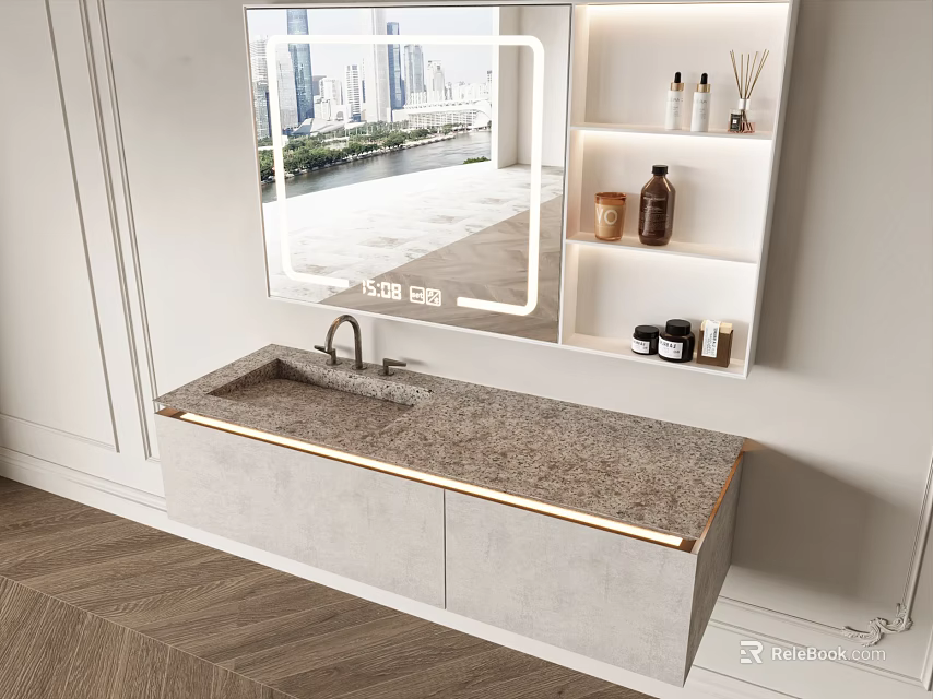 Modern Bathroom Vanity With Mirror Open Shelves Stone Countertop Gray Cabinets 3d model 
