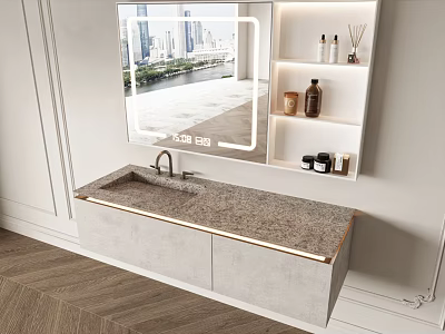 Modern Bathroom Vanity With Mirror Open Shelves Stone Countertop Gray Cabinets 3d model
