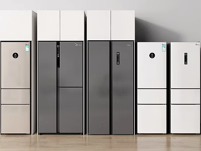 Modern Fridge Freezers In Various Colors And Designs Displayed In A Row 3d model