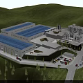 Modern Industrial Factory With Blue Roof Green Hills Parking Area And Vehicles