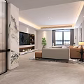 Modern Living and Dining Room Interior With TV Wall Sofa Coffee Table And Potted Plant