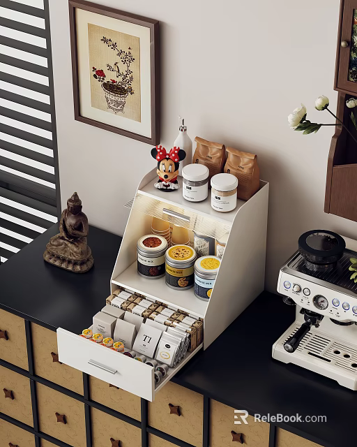 Kitchen Countertop Storage Rack With Coffee Jars Minnie Mouse Figurine And Drawers 3d model 