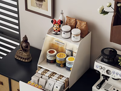 Kitchen Countertop Storage Rack With Coffee Jars Minnie Mouse Figurine And Drawers 3d model