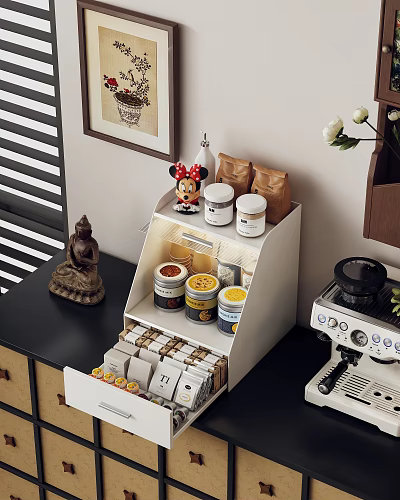 Kitchen Countertop Storage Rack With Coffee Jars Minnie Mouse Figurine And Drawers 3d model