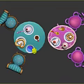 Colorful Furniture Set With Blue Pink Tables Chairs And Tea Dessert Items
