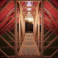 Unique Wooden Observation Deck With Red Canopy In Forest Grass Hill Surroundings