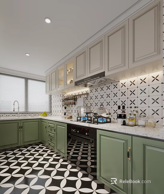 Modern Kitchen Interior With Green Cabinets White Countertop And Black White Geometric Tiles 3d model 