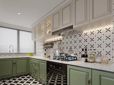 Modern Kitchen Interior With Green Cabinets White Countertop And Black White Geometric Tiles 3d model