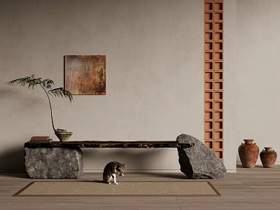 Stone Base Wooden Bench In Natural Interior With Cat On Jute Rug And Potted Plant 3d model