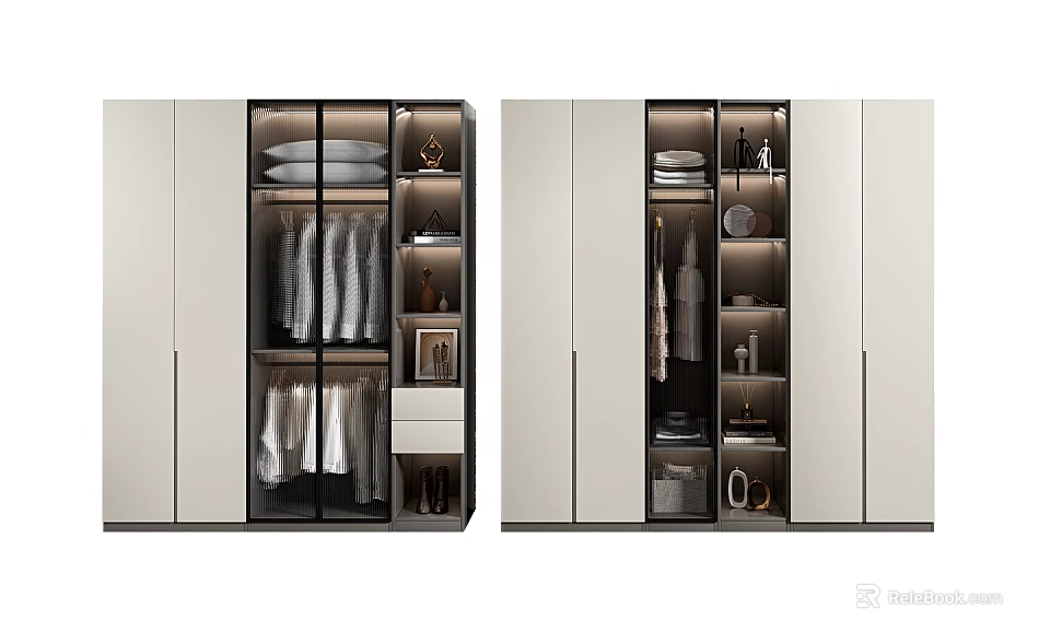 Modern Wardrobe Design With Glass Doors Hanging Rods And Storage Shelves 3d model 