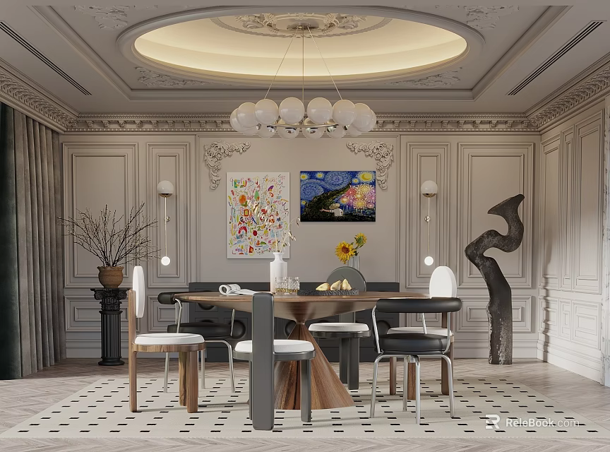 Elegant Restaurant Interior With Round Dining Table Chandelier And Decorative Paintings 3d model