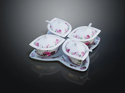 Ceramic Dinnerware Set With Four Lidded Bowls And Matching Pink Floral Saucers 3d model