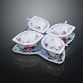 Ceramic Dinnerware Set With Four Lidded Bowls And Matching Pink Floral Saucers