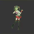 3D Model Woman With Red Ponytails White Top Black Skirt Red Bow And Posing With Raised Hand