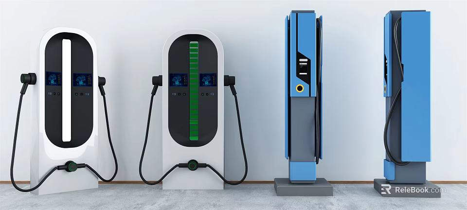 Modern Electric Vehicle Charging Stations With Sleek Design Digital Screens And Cables 3d model 