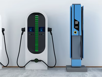 Modern Electric Vehicle Charging Stations With Sleek Design Digital Screens And Cables 3d model