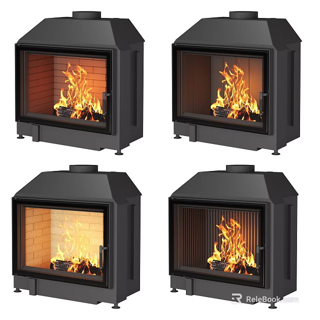 Stylish Fireplaces With Various Designs And Burning Flames 3d model 