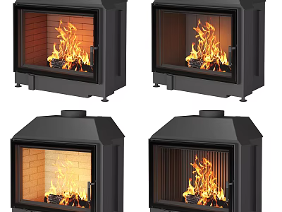Stylish Fireplaces With Various Designs And Burning Flames 3d model