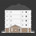 Colorful Cartoon Scene of Multi Story Building with White Brown Exterior and Gray Roof