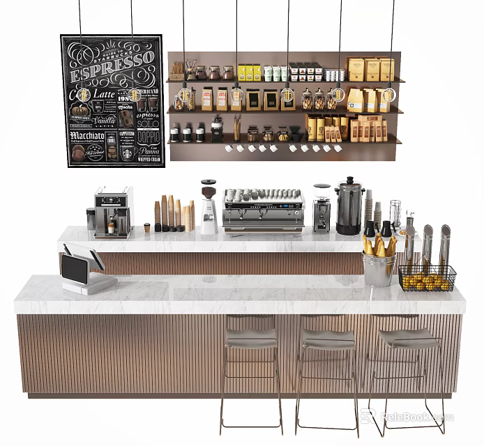 Modern Functional Table For Coffee Bar With Espresso Machine Wine Bottles And Stools 3d model 