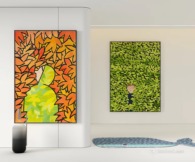 Abstract Paintings With Orange Yellow Green Leaf Patterns And Human Figures On Wall 3d model