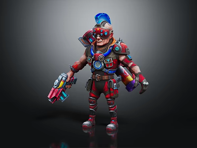 Mechanical Warrior 3D Character With Blue Helmet Red Armor And Tech Weapons 3d model