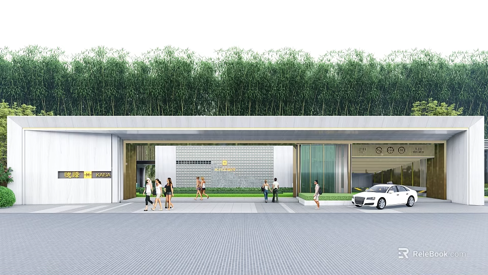 Modern Entrance Gate With Lush Green Plants People Walking And Nearby White Car 3d model 