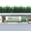 Modern Entrance Gate With Lush Green Plants People Walking And Nearby White Car