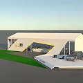 Modern White Geometric Building With Green Lawn And Outdoor Seating Space