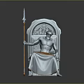 Muscular Mythic Warrior Seated On Ornate Throne Holding Spear With Creature Engravings