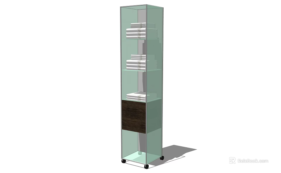 Modern Transparent Glass Bookcase with Multiple Shelves Dark Cabinet Door and Wheels 3d model 