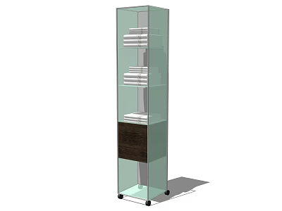 Modern Transparent Glass Bookcase with Multiple Shelves Dark Cabinet Door and Wheels 3d model