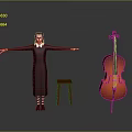 Child in black dress with striped socks spreading arms near red stool and orange cello