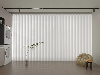 White Vertical Blinds in Modern Laundry Room with Beige Sofa Chair Green Plant and Side Table 3d model