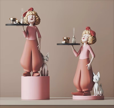 Girl Sculptures With Red Bow Pink Top Holding Tray Brown Pants White Kitten And Pink Pedestal 3d model